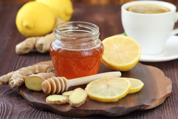 Ginger, lemon and honey for making hot drink. Healthcare