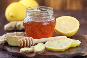 Ginger, lemon and honey for making hot drink. Healthcare