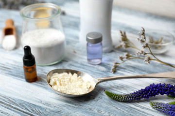 Natural ingredients for deodorant on wooden table