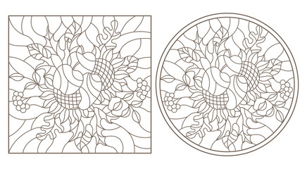 A set of contour illustrations of stained glass with compositions of leaves , flowers and fruit ,dark contours on a white background, round and rectangular image