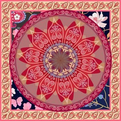 Beautiful carpet with mandala sun and paisley border in vector. Indian, indonesian motives. Stylization.