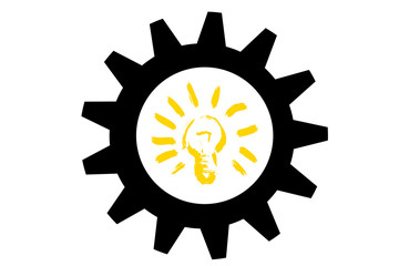 Rueda con engranaje y bombilla de una idea.
