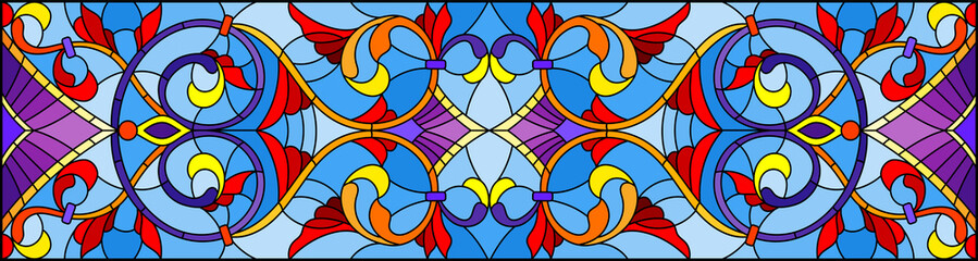 Illustration in stained glass style with abstract  swirls,flowers and leaves  on a blue background,horizontal orientation