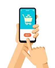Hand holds the smartphone. Application with online shopping cart. Flat vector modern phone mock-up illustration