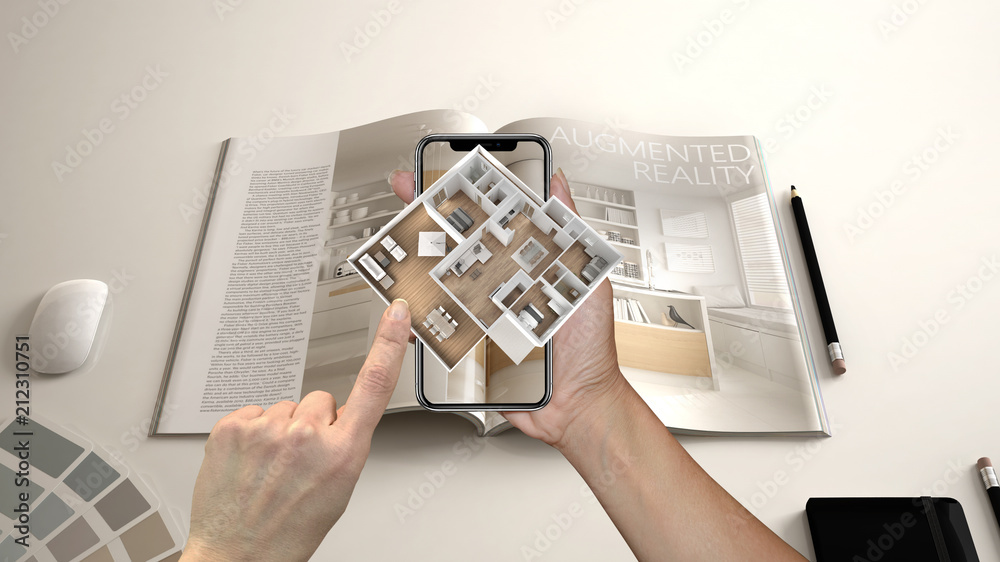 Wall mural augmented reality concept. hand holding smartphone with ar application used to simulate 3d pop-up in