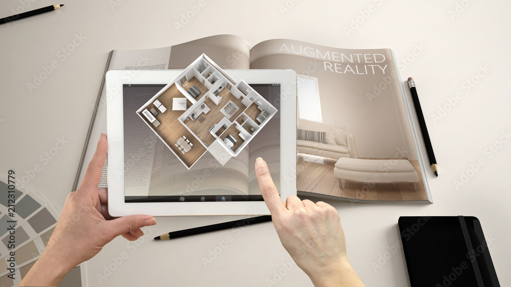 Wall mural augmented reality concept. hand holding tablet with ar application used to simulate 3d pop-up intera