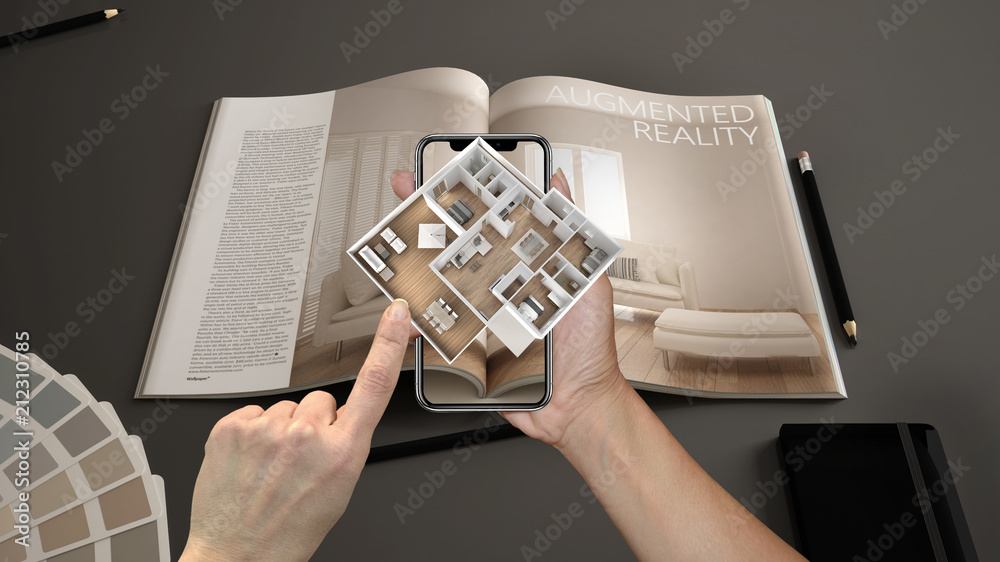 Wall mural augmented reality concept. hand holding smartphone with ar application used to simulate 3d pop-up in