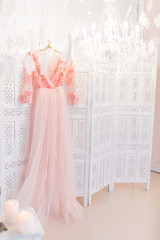 Rich pink dress hands on the white wooden wall in a luxury room
