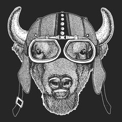 Buffalo, bison,ox, bull Vintage motorcycle hemlet. Retro style illustration with animal biker for children, kids clothing, t-shirts. Fashion print with cool character. Speed and freedom.