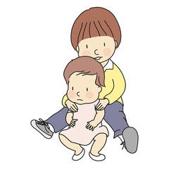 Vector illustration of two little innocent brother and sister sitting together on floor. Family, siblings, brotherhood, friendship, early childhood development concept. Cartoon character drawing.