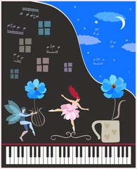 Creative vector illustration with black concert grand piano, winged fairy and fairy ballerina, blue cosmos flowers, musical notes, night sky, moon and clouds.