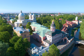 The Alexander Nevsky Lavra on a sunny May day (aerial photography). Saint-Petersburg, Russia