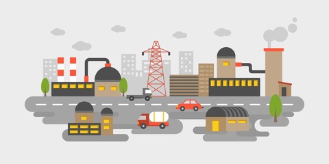 Industrial estate, factory scenery view in flat design pollution concept