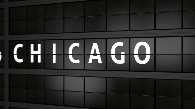 3D generated animation, analog flight information display board with the arrival city of Chicago, America