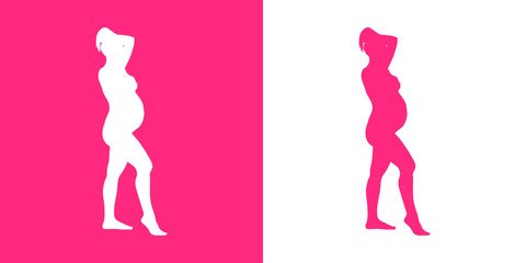 Icono plano silueta mujer desnuda embarazada de pie en rosa y blanco