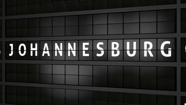 3D generated animation, analog flight information display board with the arrival city of Johannesburg, South Africa