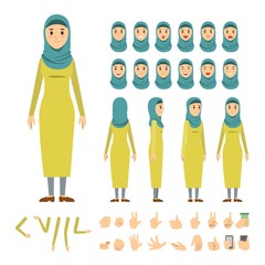 Arab woman character set. Full length. Different view, emotion, gesture.
