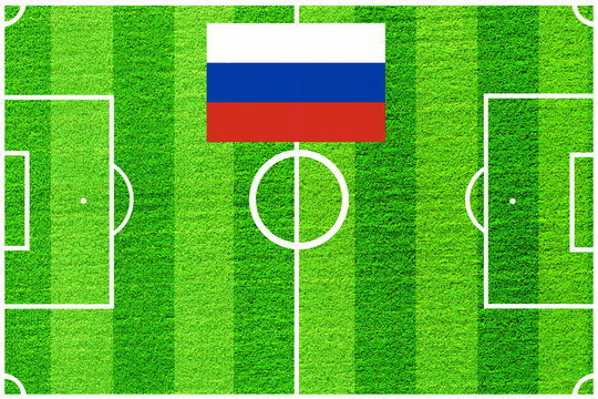 Russian flag on the background of a football field