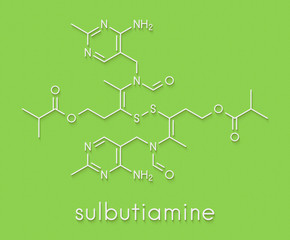 Sulbutiamine asthenia drug molecule. Also used in nutritional supplements. Skeletal formula.