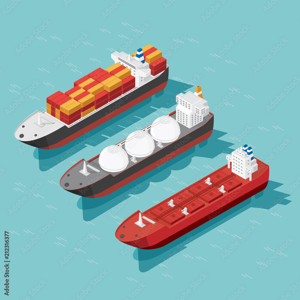 Wall mural Isometric cargo ship container, oil tanker ship in the ocean transportation, shipping freight transportation. illustration vector