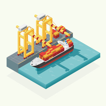 Isometric cargo logistics and transportation container ship with working crane import export transport industry in shipping yard. illustration vector