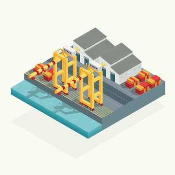 Isometric, Port cargo crane and warehouse container in the ocean transportation. illustration vector