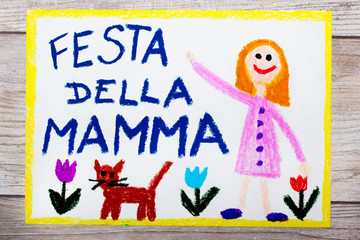Obraz na płótnie Canvas Colorful drawing - Italian Mother's Day card with Happy Mother's Day