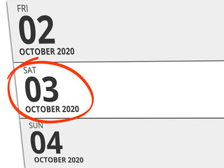 Date Saturday 03. October 2020 circled in red on a calendar