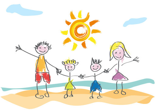 Vector drawing made by a child, happy family on vacation at the beach