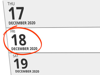 Date Friday 18. December 2020 circled in red on a calendar