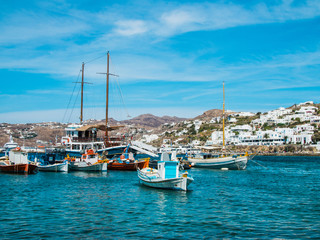 Fototapeta na wymiar Fishing boats in Mykonos, Greece