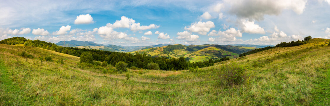 panorama of mountainous TransCarpathia countryside. beautiful autumnal landscape. gorgeous cloudscape on a blue sky. forest on the grassy hill. Pikui mountain in the distance