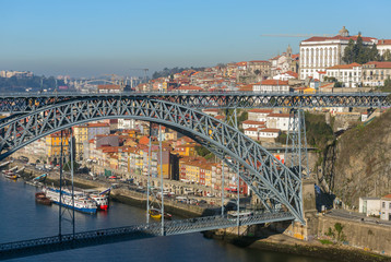 Obraz premium View of the historic city center with the famous ponte Dom Luiz bridge in Porto, Portugal