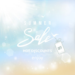 Summer sale lettering on blue summer beach background. Vector illustration EPS10