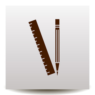 Pencil and ruler vector icon on a realistic paper background with shadow
