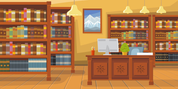 Modern library with bookshelf vector illustration. Librarians desk with desktop computer. Interior illustration