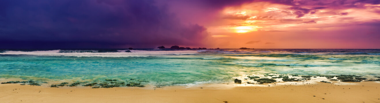 Sunset over the sea. Amazing landscape panorama