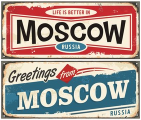 Fototapeta premium Retro tin sign with greetings from Moscow Russia. Life is better in Moscow vintage greeting card or souvenir template.