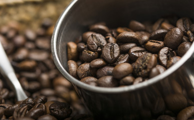Close-up of some roasted coffee beans