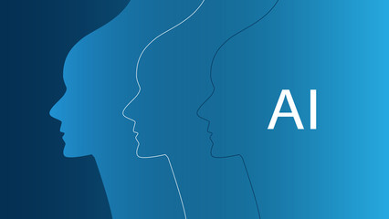 Futuristic Machine Learning, Artificial Intelligence, Cloud Computing, Automated Support Assistance and Networks Design Concept with and Human Face Silhouettes