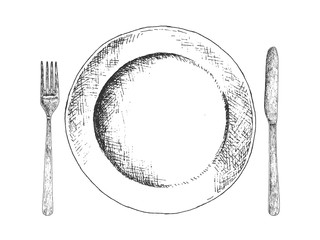 Hand drawn dish, fork and knife.