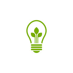 Green contour of electric light bulb with three green leaves. Isolated on white. Flat outline icon. Vector