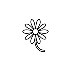 Outline flat icon of daisy flower with right side stem. Isolated on white. Vector illustration. Eco style.