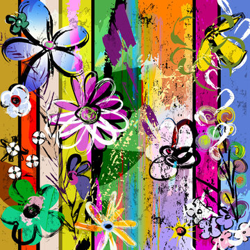 abstract background composition with flowers, with strokes, splashes and geometric lines