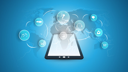 Digital Network Connections, Technology Background - Cloud Computing Design Concept with Tablet, Icons and World Map