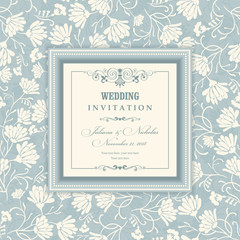 Wedding invitation cards.  Flowers Pattern. Retro Victorian ornament. Blue tulips, chamomile, leaves. Summer ornament. Vector illustration. - 212325755