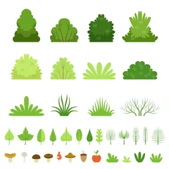 Foto op Aluminium Set of different forest bushes, grasses, leaves of trees, mushrooms and fruits. Vector illustration © Oqvector