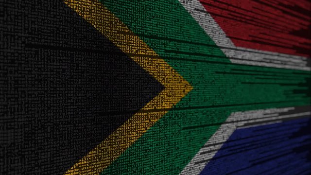 Program code and flag of South Africa. SAR digital technology or programming related loopable animation