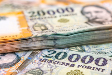 Stack of Hungarian 20000 forint banknotes close up