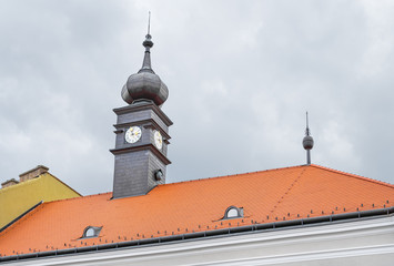Clock tower of Old City Hall with cloudy background near Matthias Church in the Castle District of...